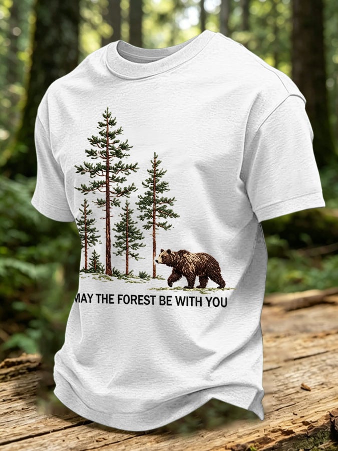 Men's Retro May The Forest Be With You Print Round Neck T-Shirt