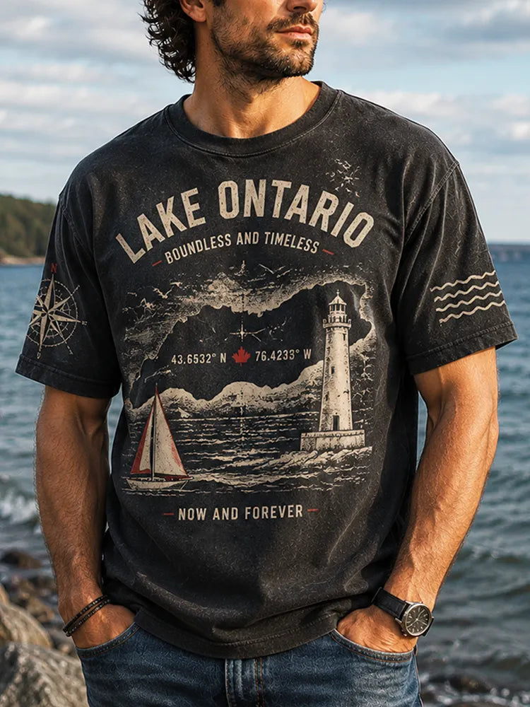 Men's Casual Crewneck T-shirt - Lake Ontario, Lighthouse, Sailboat & Coordinates Print