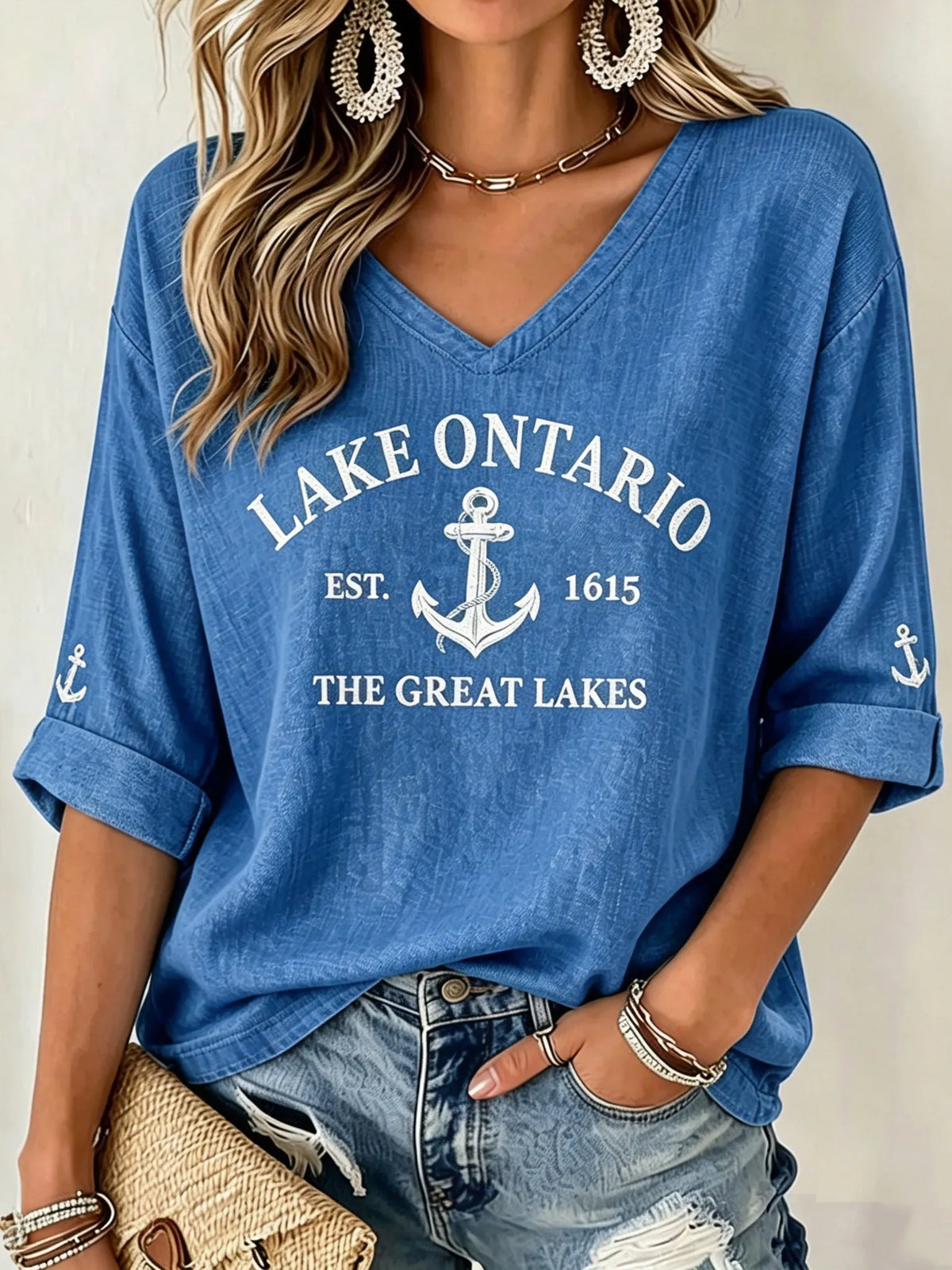 Lake Ontario 1615 Printed Women's Mid-sleeve V-neck T-shirt