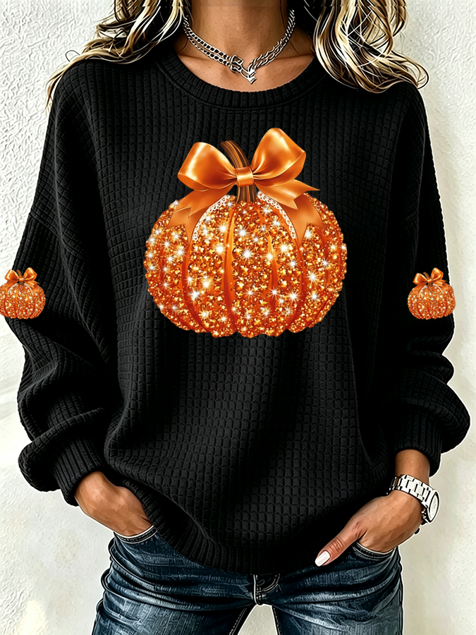 Women's Pumpkin Print Crew Neck Check Sweatshirt