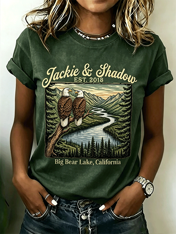 Women's Jackie & Shadow Big Bear Lake Twin Bald Eagle Landscape T‐Shirt