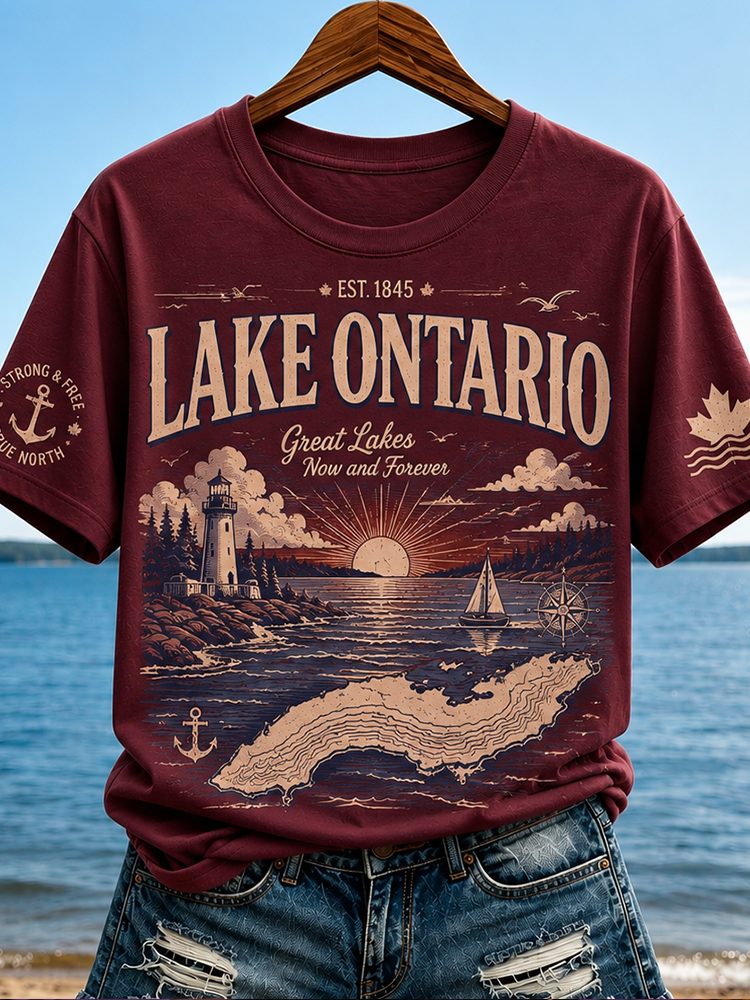 Women's Lake Ontario Graphic T-shirt - Sunset Landscape & Lighthouse Print