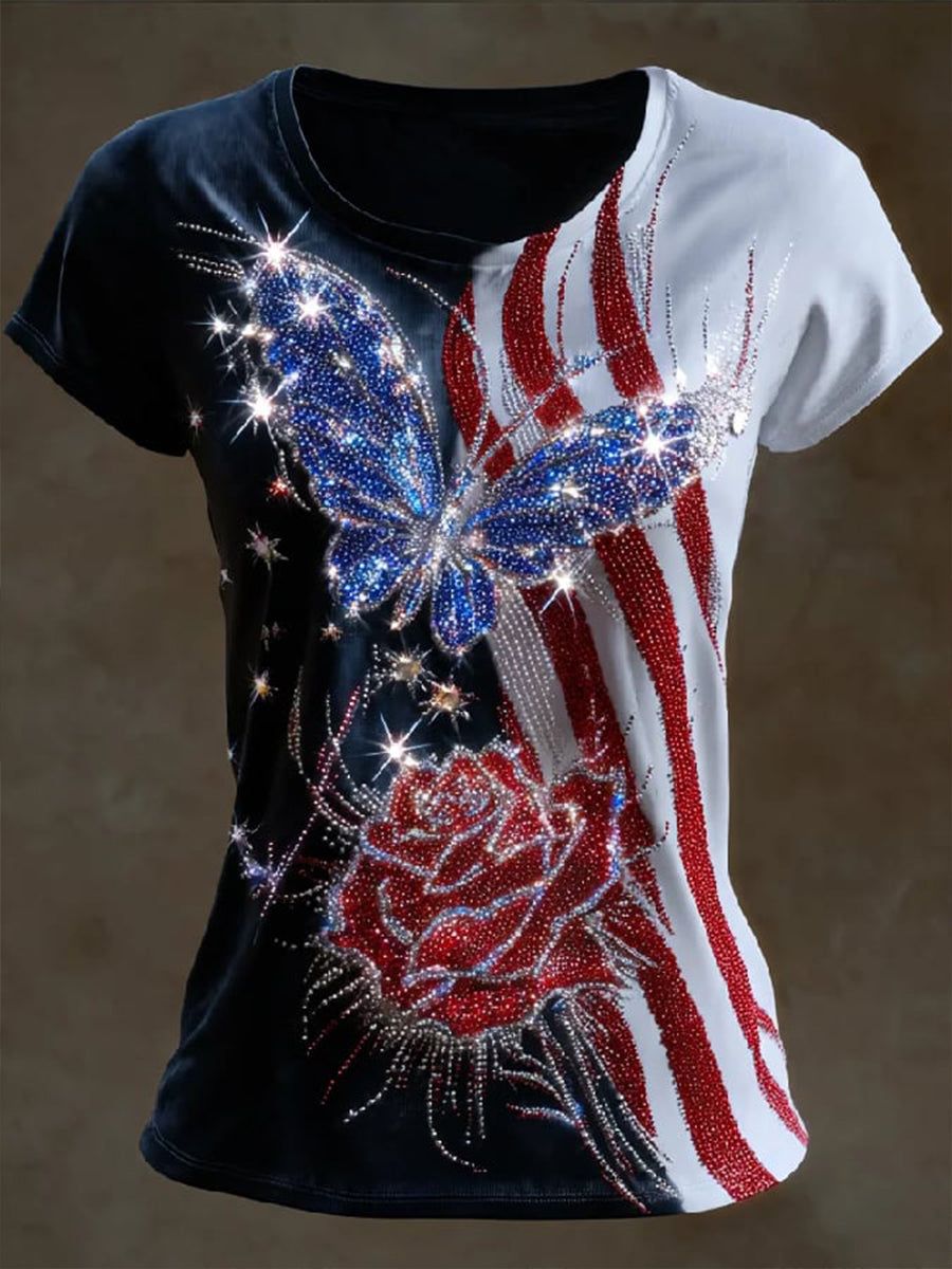 Women's Color Block Rhinestone Butterfly Rose American Flag Art Print Casual T-Shirt