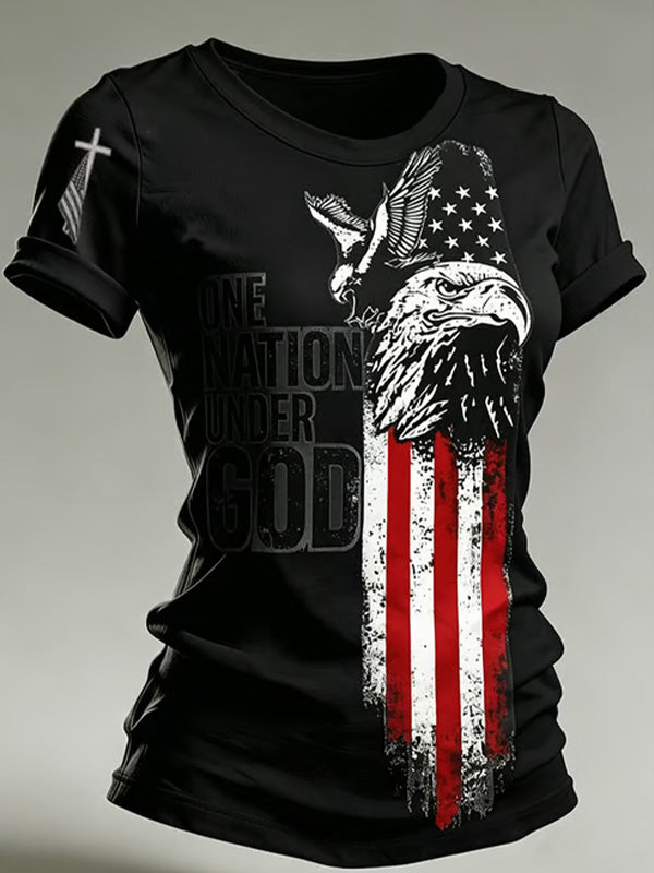 Women's One Nation Under God American Flag Eagle Art Print Casual T-Shirt