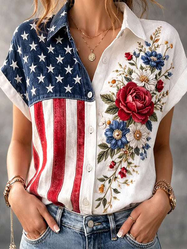 Women's American Flag And Flowers Print Short Sleeve Shirt