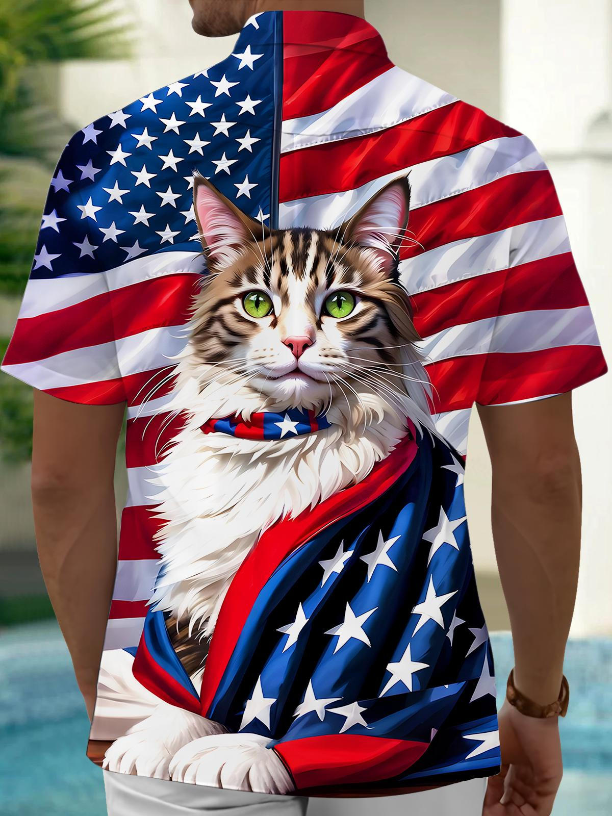 Cat American Flag Men's Pocket Short Sleeve Shirts