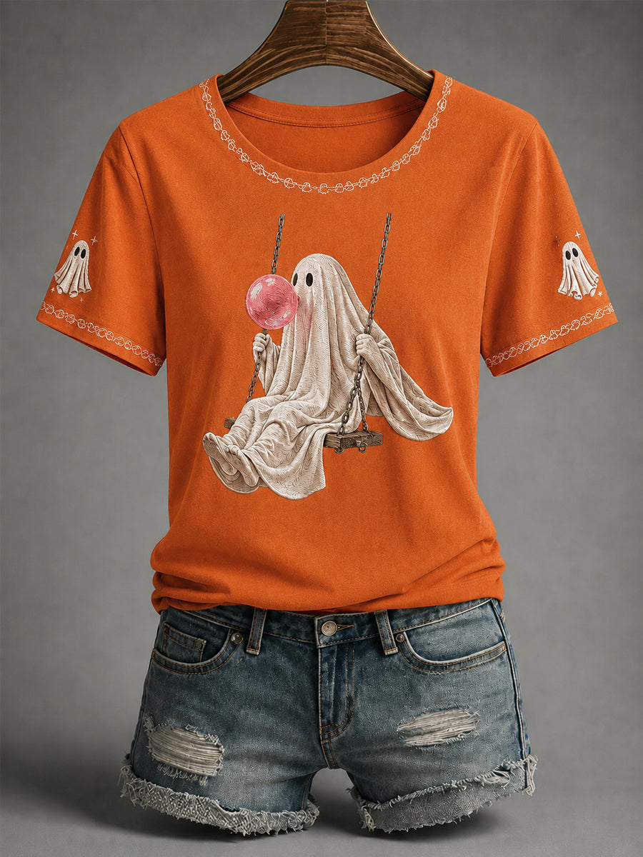 Women's Fall Season Halloween Ghost Print Casual Tee