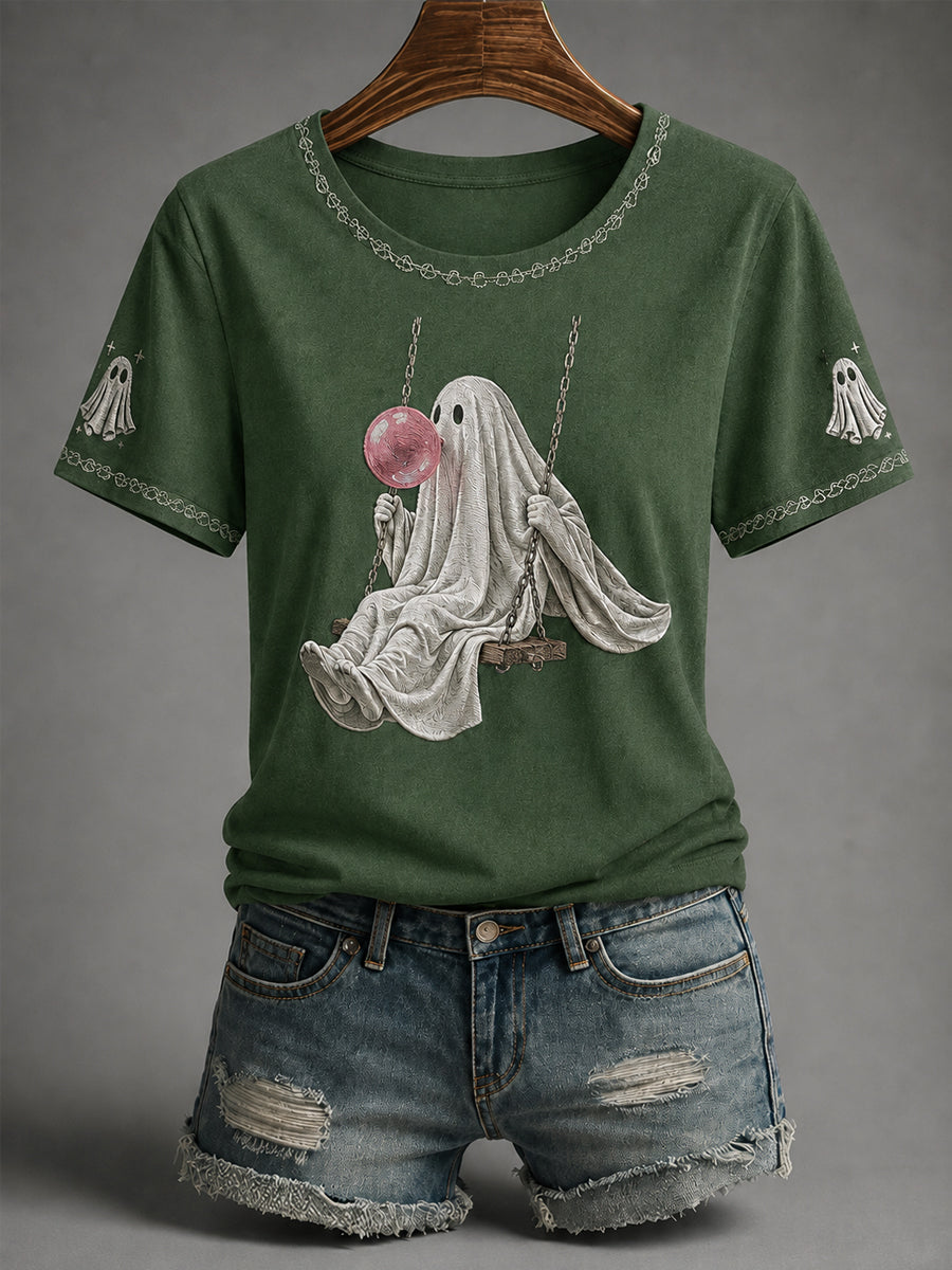 Women's Fall Season Halloween Ghost Print Casual Tee