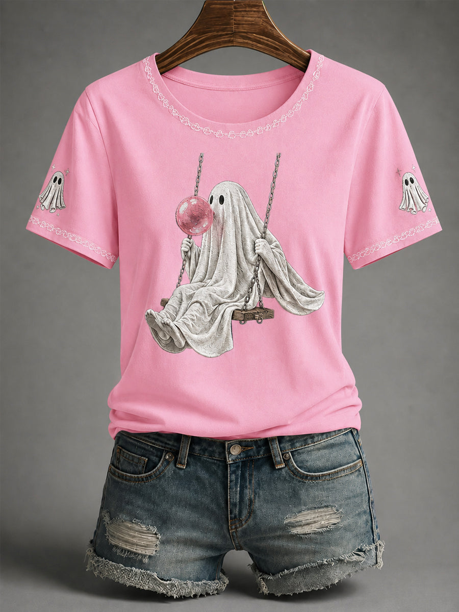 Women's Fall Season Halloween Ghost Print Casual Tee