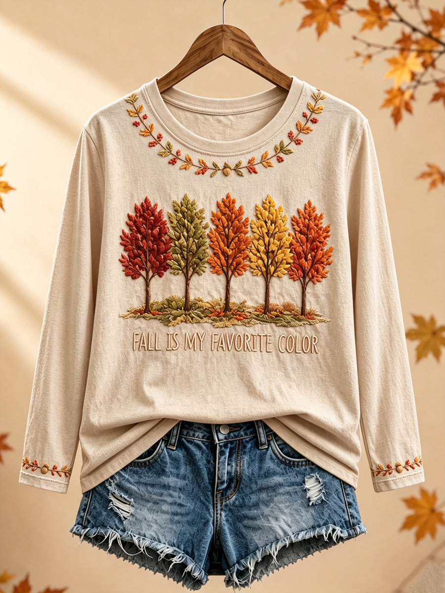 Women's Fall Is My Favorite Color Printed Round neck long sleeve T-shirt