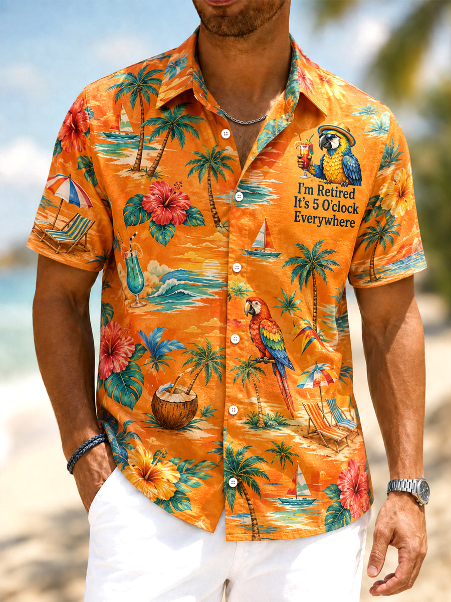 Men's I'm Retired It's 5 O'clock Everywhere Parrot Floral Print Casual Short Sleeve Shirt