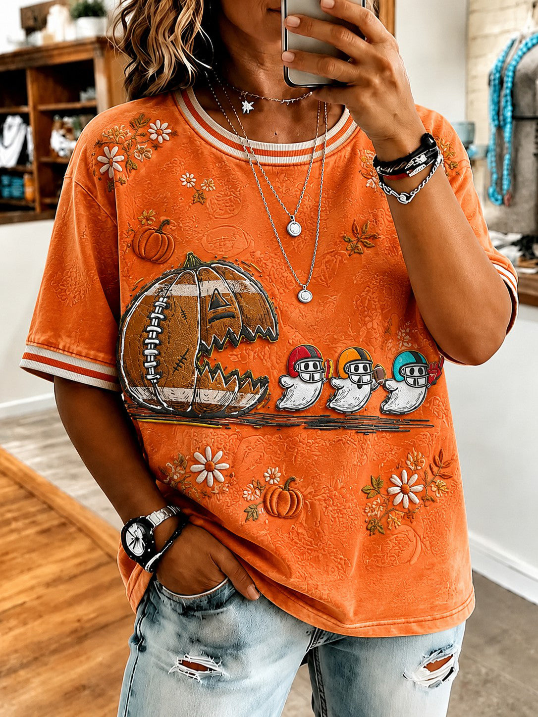 Women's Halloween Pumpkin Football Printed T-shirt