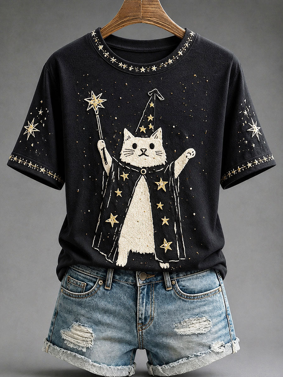 Women's Magician Cat Halloween Artistic Casual T-shirt