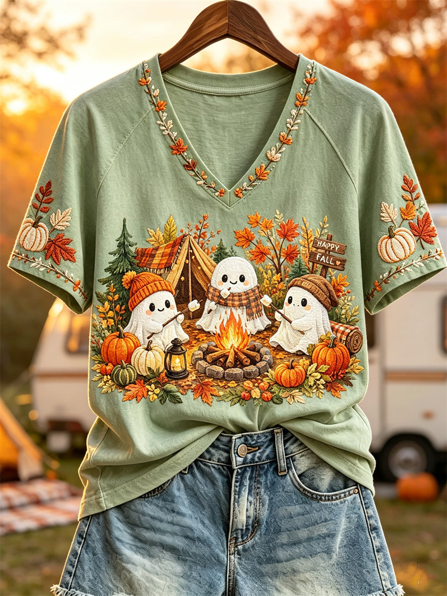 Women's Happy Fall Ghosts Fall Camping Print short sleeve T-shirt
