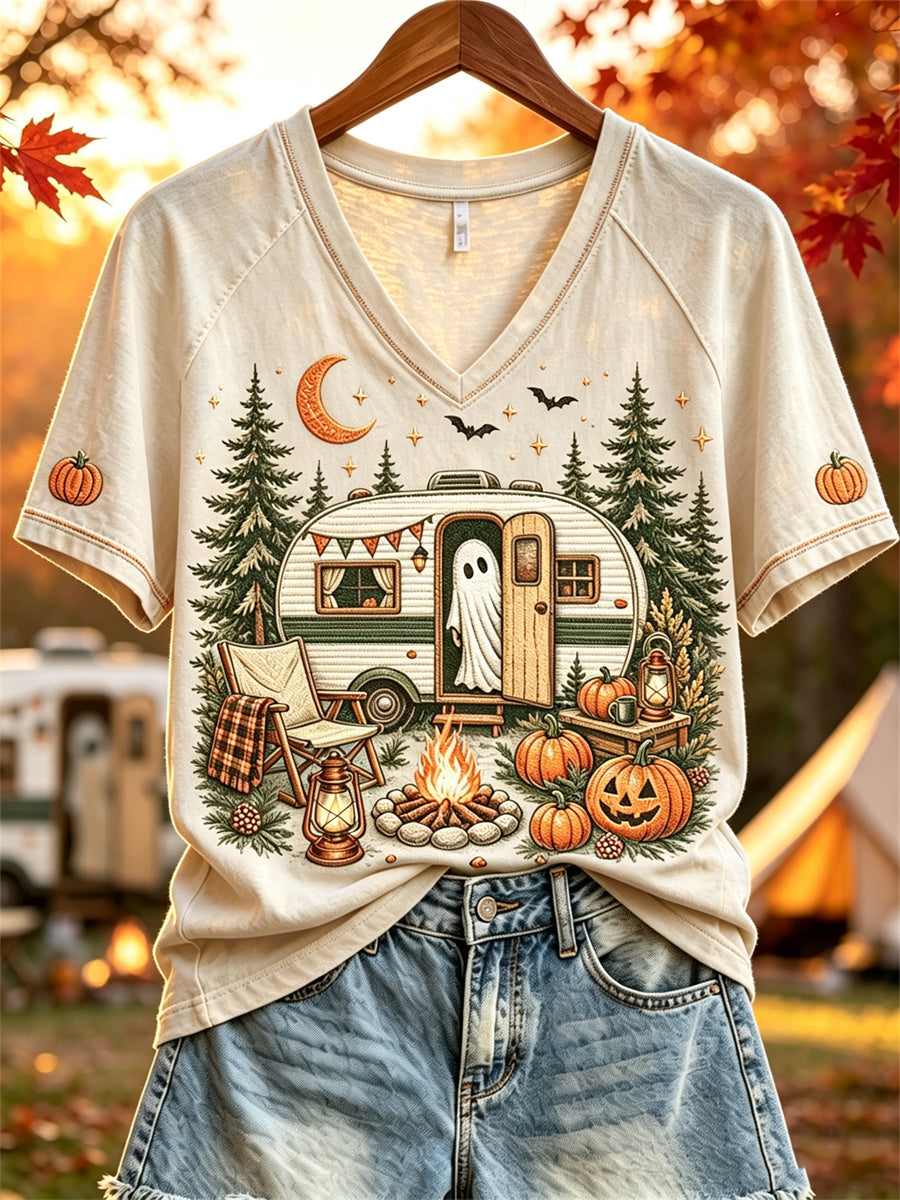 Women's Halloween Ghost Fall RV Camping Print short-sleeved T-shirt