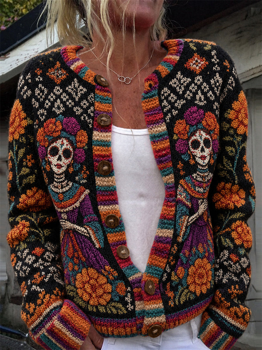 Women's Day of the Dead Sugar Skulls Mexican Floral Isle Pattern Print Cardigan